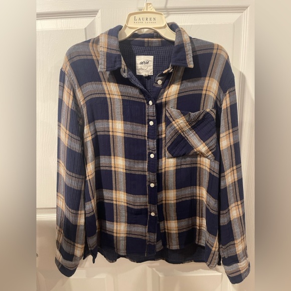 American eagle outfiters Aerie plaid shirt Navy and Tan Button-Up Shirt small - Picture 2 of 10